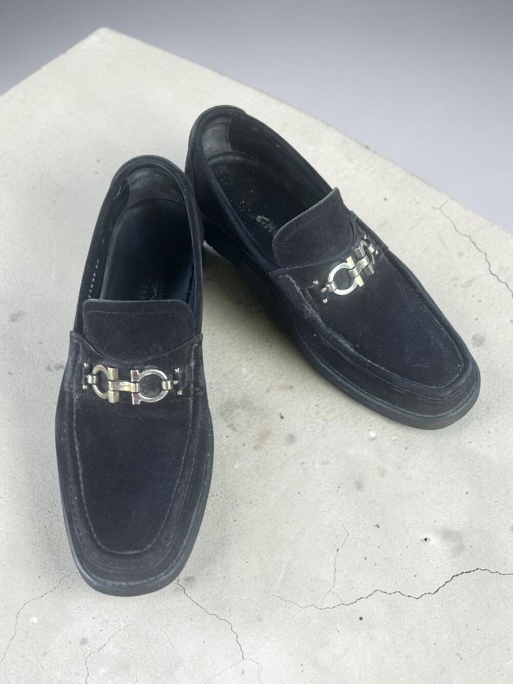 Salvatore Ferragamo Men's Black Suede Gancini HorseBit Loafers Size 8 EEE